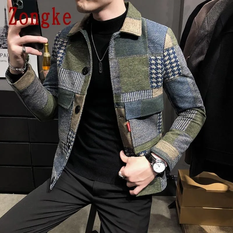 Мужские куртки Zongke Woolen Plaid Bomber Jacket Японская уличная мужская зимняя куртка M-3XL