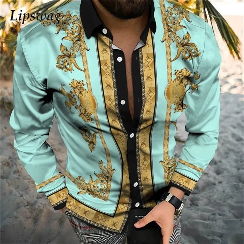 Camicie da uomo a maniche lunghe con stampa retrò Primavera Autunno Casual Colletto rovesciato Bottoni Cardigan Top Abbigliamento moda uomo Streetwear 220309