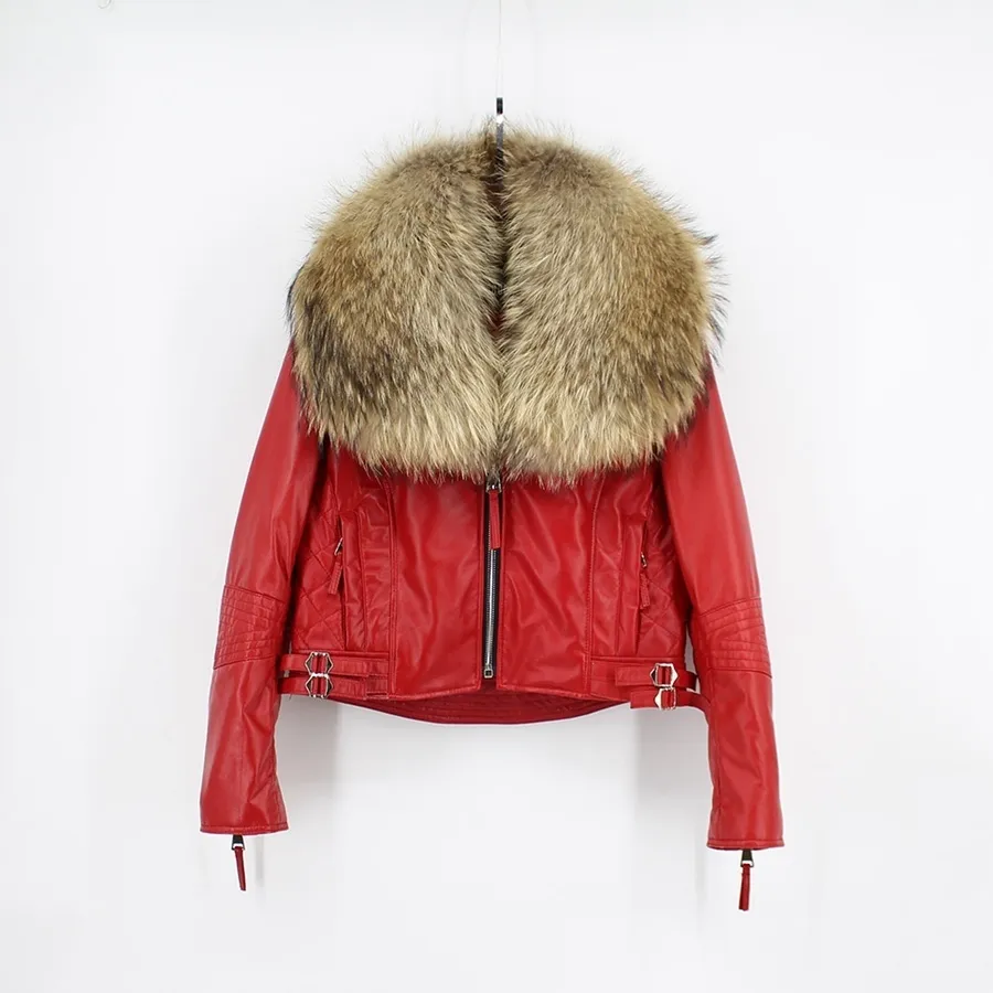 genuine sheepskin leather jacket with big raccoon fur collar (3)