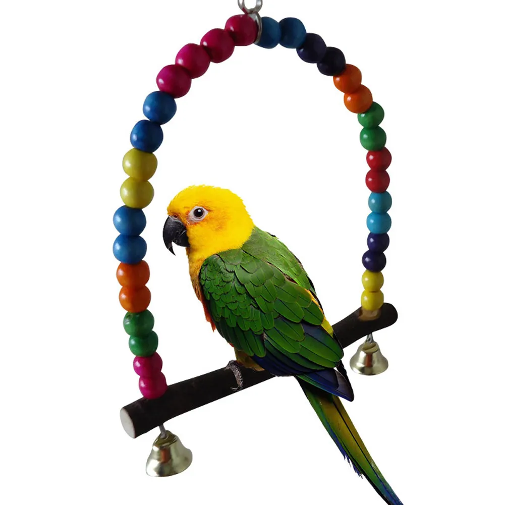 Wooden Bird Swings Toy with Hanging Bells for Cockatiels Parakeets Cage Accessories Birdcage Parrot Perch Stand Play Gym