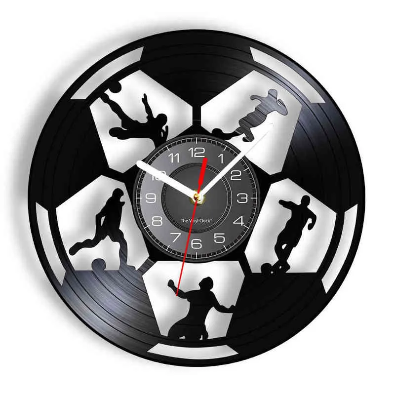 Joueurs de Football Silhouette Laser Gravé Disque Vinyle Horloge Murale Fan De Sport Salon Oeuvre Montre Murale Football Coach Cadeau H1230