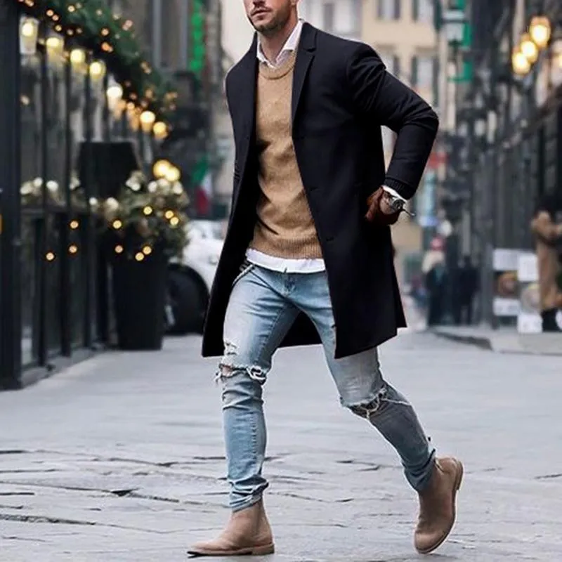 Sonbahar Kış Erkek Polar Karışımları Ceket Erkek Palto Rahat Katı Ince Yaka Mont Uzun Pamuklu Trençkot Streetwear1