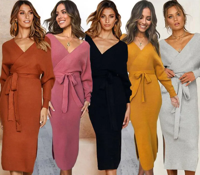 Vestido De Punto De Suéter De Cinturón Cruzado Con Cuello En V