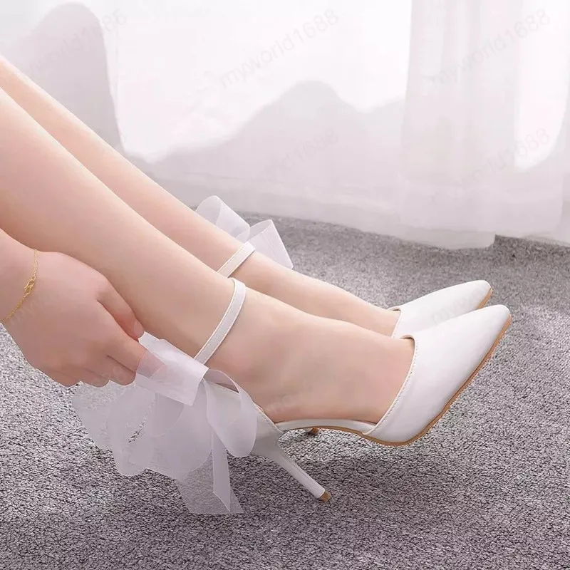 Woman Satin Shoes Elegant Ankle Strap Party Bow-knot High Thin Heels Sandals Sexy High Heels White Wedding Shoes