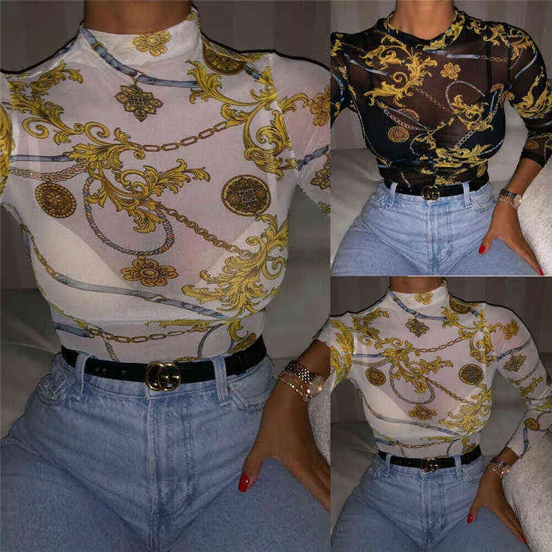 Dames Mesh Sheer See Through Print Shirt Blouses Uitloper Turtleneck Lange Mouwen Tops Transparante Slanke Shirt Bodycon Club Blouse H1230