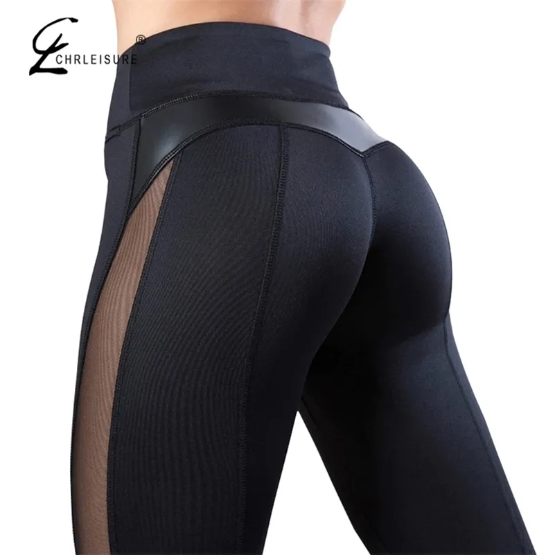 CHRLEISURE Katı Yüksek Bel Spor Legging Kadınlar Kalp Egzersiz Leggins Femme Moda Mesh ve PU Deri Patchwork Tayt 201202