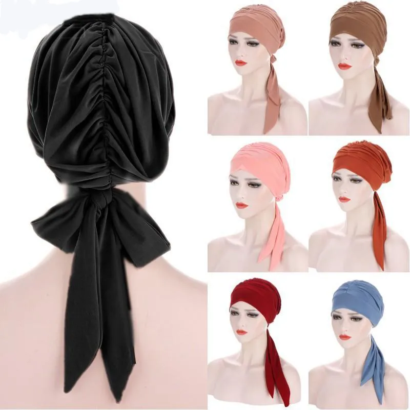 Couleur unie longue queue nœud Turban chapeau élastique bandeau écharpe bonnets chapeau inde africain bandeau musulman Hijab dames casquette de nuit