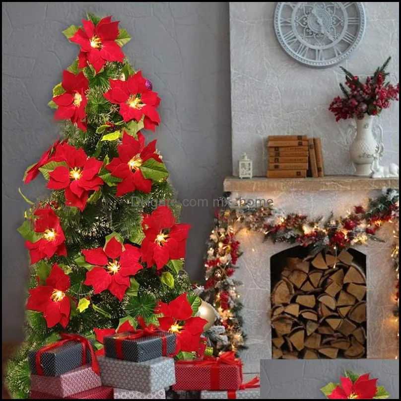 Christmas Decorations 2m 10LED Artificial Poinsettia Flowers Garland String Lights Xmas Tree Ornaments Indoor Outdoor Home Decor