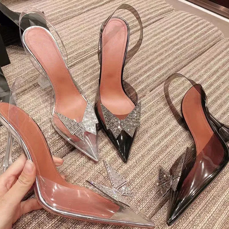 2021 Transparent diamond bow high heel shine cap toe heels fine tip with the empty sexy women's singles shoes summer crystal fairy wind