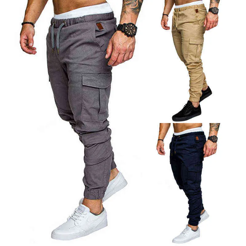 Homens Safari Carga Calças Calças Sweatpants Casual Masculino Sportswear Multi-bolso Calças de Carga Hip Hop Harem Pants Slim Fit H1223