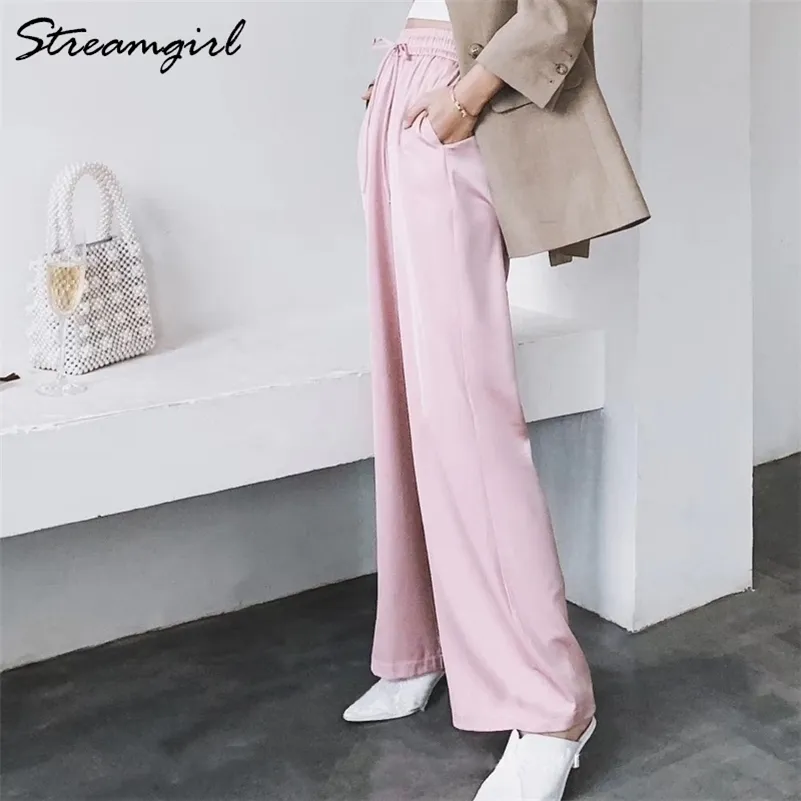 Streamgirl Pantaloni estivi a gamba larga per donna Pantaloni a vita alta Pantaloni larghi in raso Pantaloni casual rossi donna estate Donna formale 201109