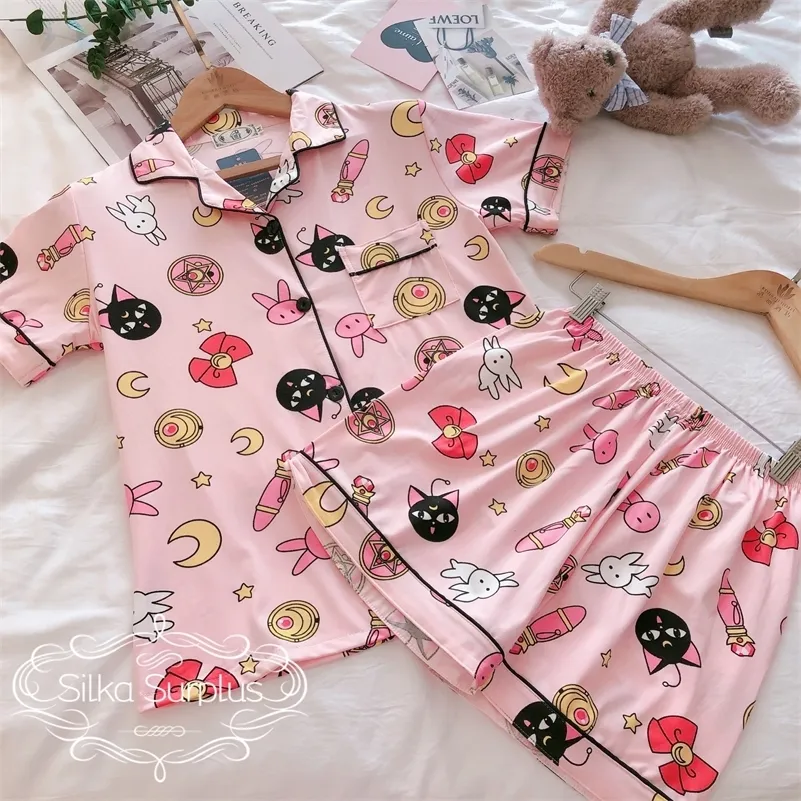 Silka Surplusかわいいセーラームーンプリント女性Pajamasセット夏の半袖コットン寝室ピンクピジャマムハー女性ナイトスーツY200708