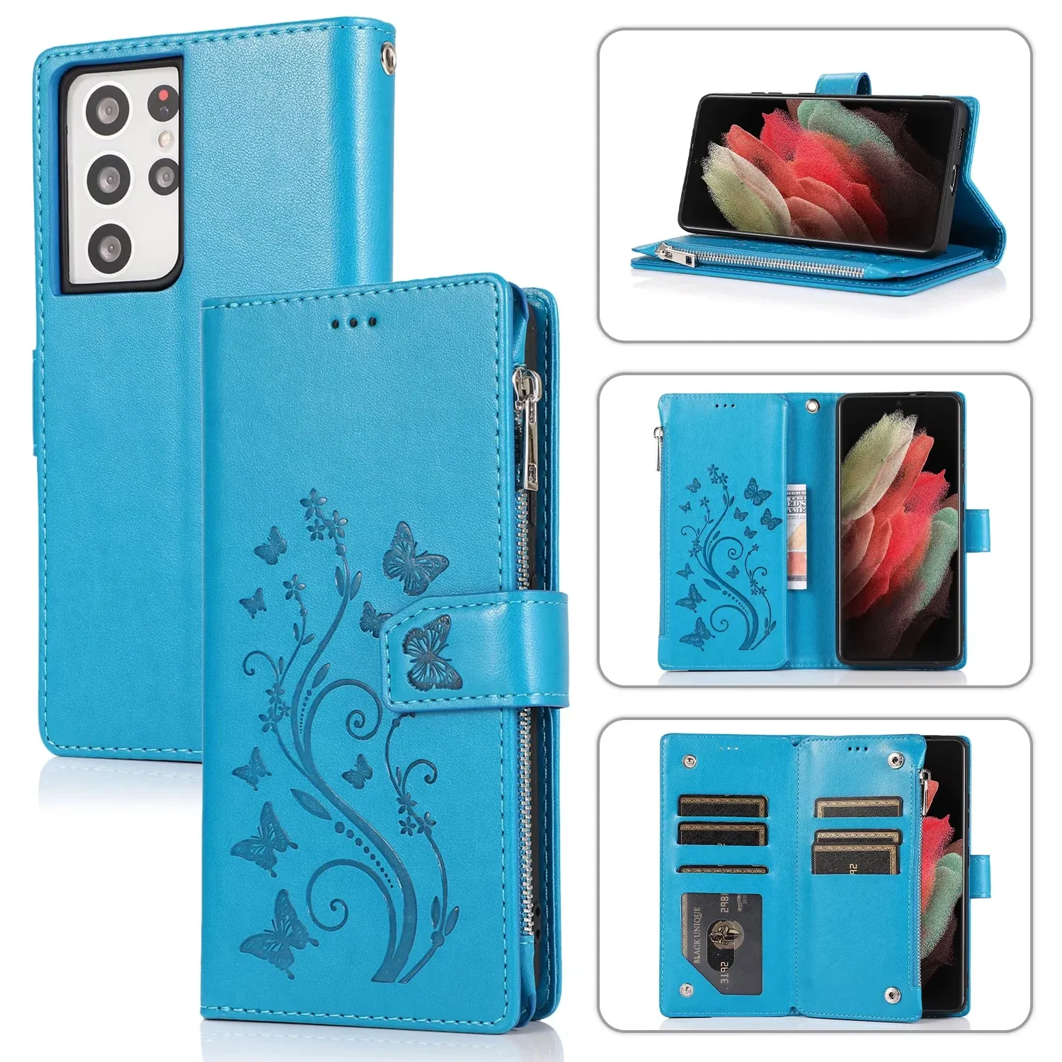 Étuis de téléphone portefeuille pour Samsung Galaxy S21 S20 Note20 Ultra Note10 Plus Papillon Gaufrage PU Cuir Flip Kickstand Cover Case avec Zipper Porte-Monnaie et 5 Emplacements pour Cartes