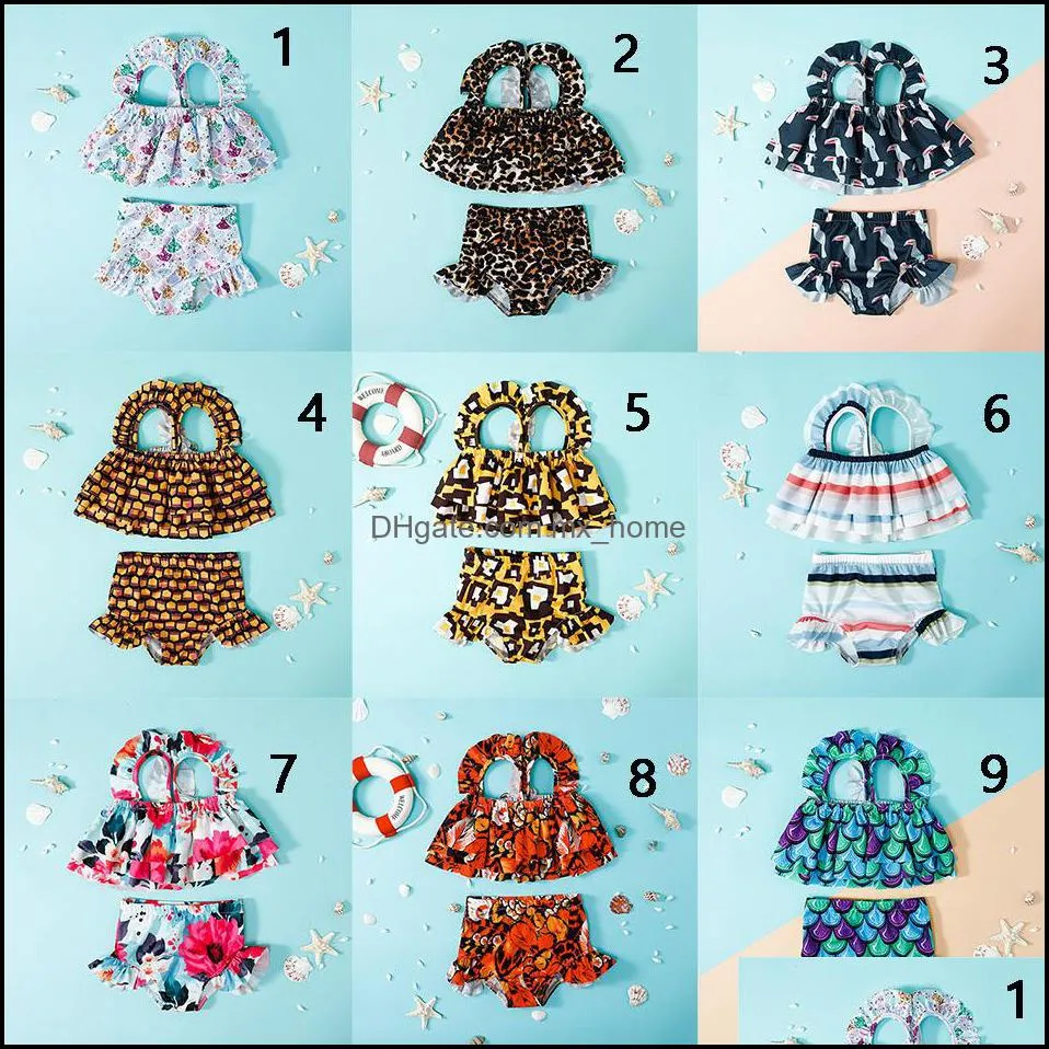 Children Two-Pieces Mermaid Floral Leopard Print Swimwear baby ruffle Sling Tops+swim trunks 2pcs/set cute summer Bikini Kids Swimsuit