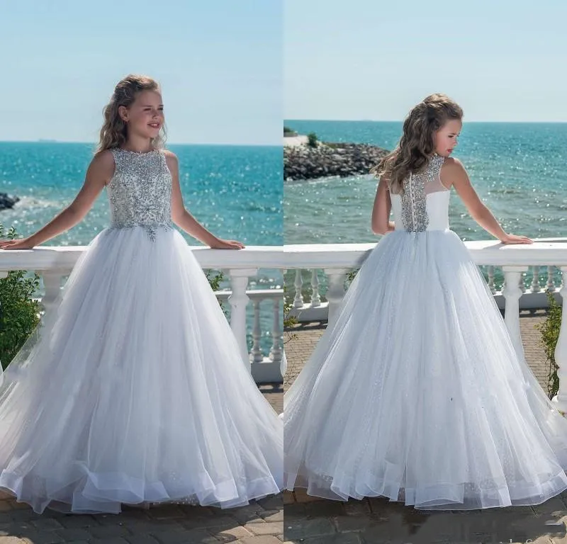 Robes de concours de luxe en cristal perlé pour filles, avec Tulle, robes de plage à fleurs pour mariage, fête d'anniversaire, communion, robe pour nourrissons