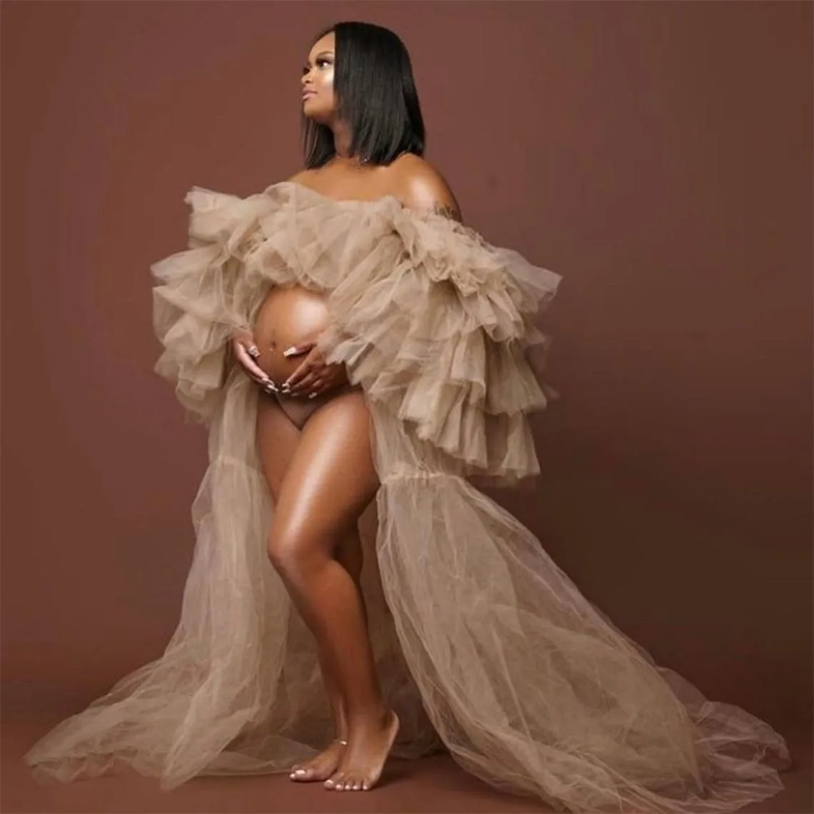 Sheer Oversize Prom Dresses Tier Tulle Suknia Kobiet w ciąży Off Suknie Maternity Ramię dla Photoshoot Vestidos 2022