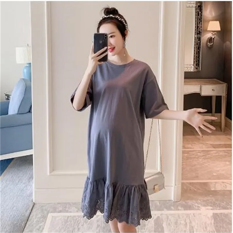 Vêtements de maternité 2019 style coréen évider couleur unie robe ample femmes robe mi-longue LJ201125