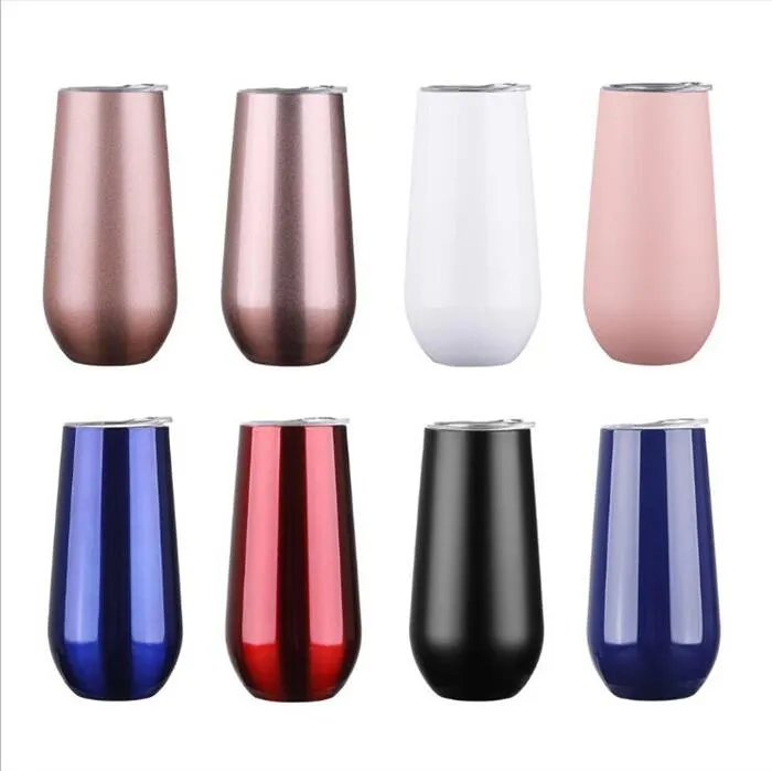 Stemless Wine Champagne Muggar Glasögon Rostfritt Stål Dubbel Vakuum Egg Cups Cocktail Beer Tumblers Minimugs med läckertät lock 6oz wq23-wll