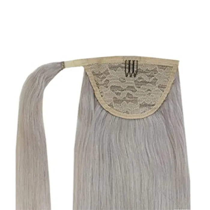 Зрелая женщина длинный прямой хвост, серебристый серый человеческий волосы хвостик Haipeciece Drawstring с зажимом, плететь плетеный хвост