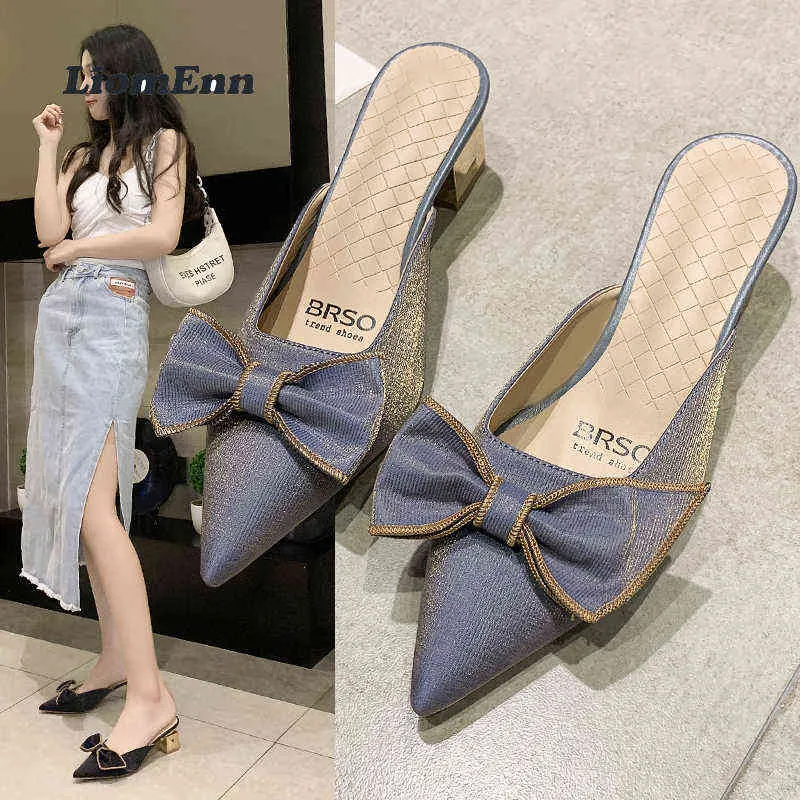 Slippers Trendy Summer Bowknot Pointed Toe Low Heels Mules Women Outdoor Casual Sexy Slipper Slides Purple Elegant Party Shoes 220309
