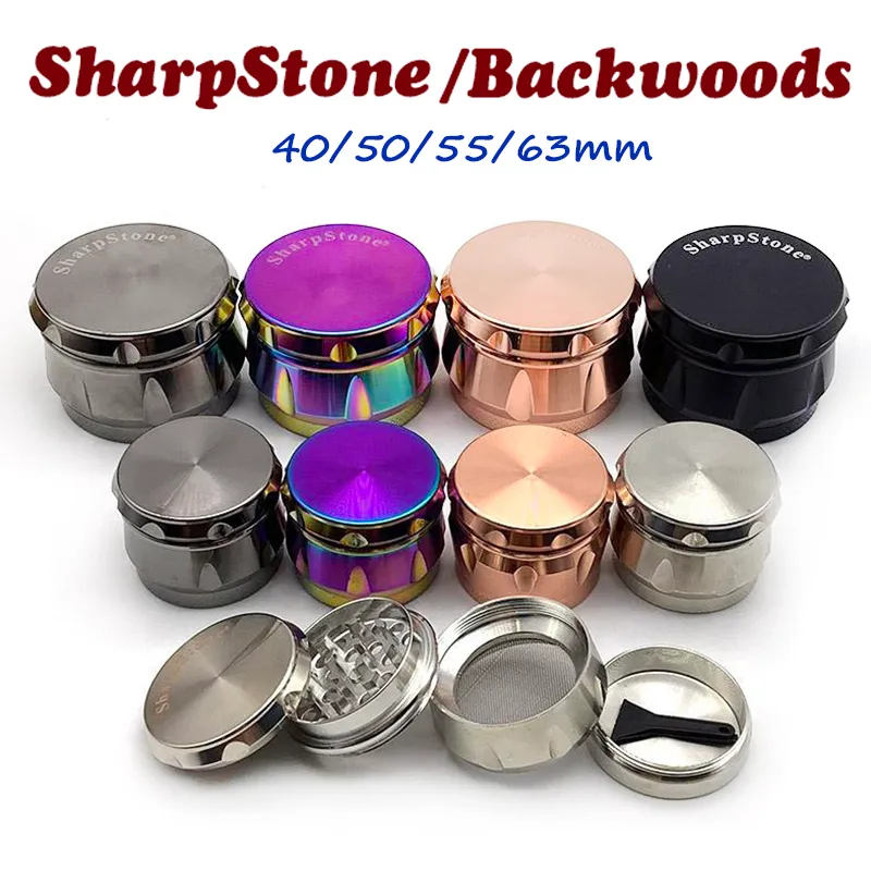 Acessórios para fumar moedores de pimenta por atacado Backwoods Sharpstone Herb Grinder 4 camadas 40/50/55/63mm Metal liga de zinco Triturador de tabaco Triturador de ervas secas Logotipo do OEM