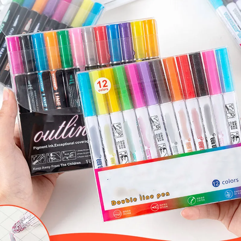 8/12 Couleurs Peinture Stylos Double Ligne Contour Stylo Marquage Note Multicolore Marqueur Enfants Dessin Croquis Papeterie Enfants Étudiants École Saison Cadeau ZL0301