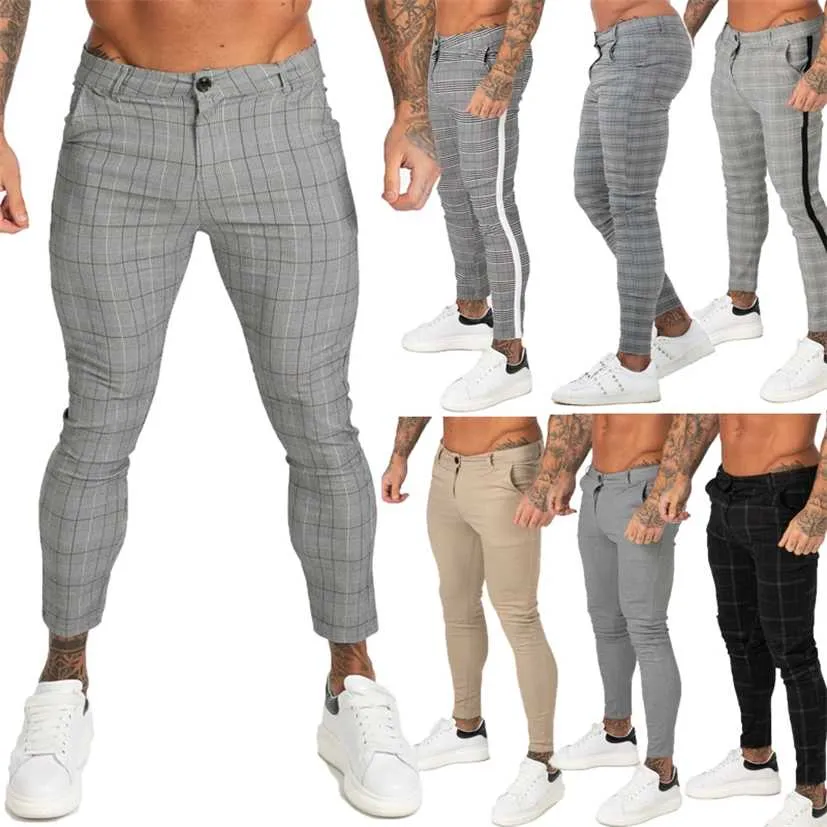 GINGTTO Mens Pants Casual Trousers Skinny Stretch Chinos Slim Fit Pant Plaid Check Men 220118
