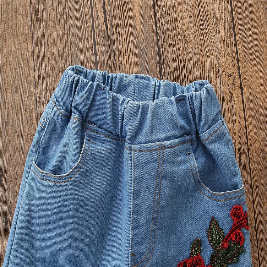 Kids Summer Children Clothing Girls Clothes Set White Strapless Hollow Out T-Shirt + Hole Rose Jeans Baby Girls Clothing Set Set