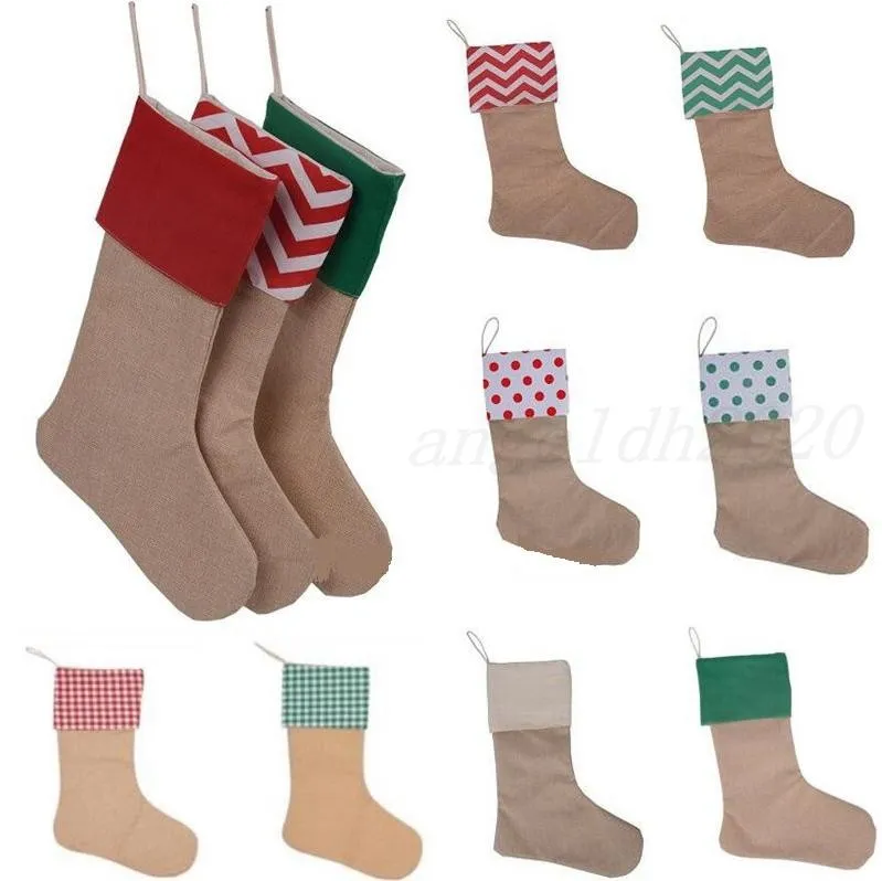 1218 pouces haute qualité toile noël bas cadeau sacs toile décorations de noël bas de noël grande toile de jute plaine chaussettes décoratives