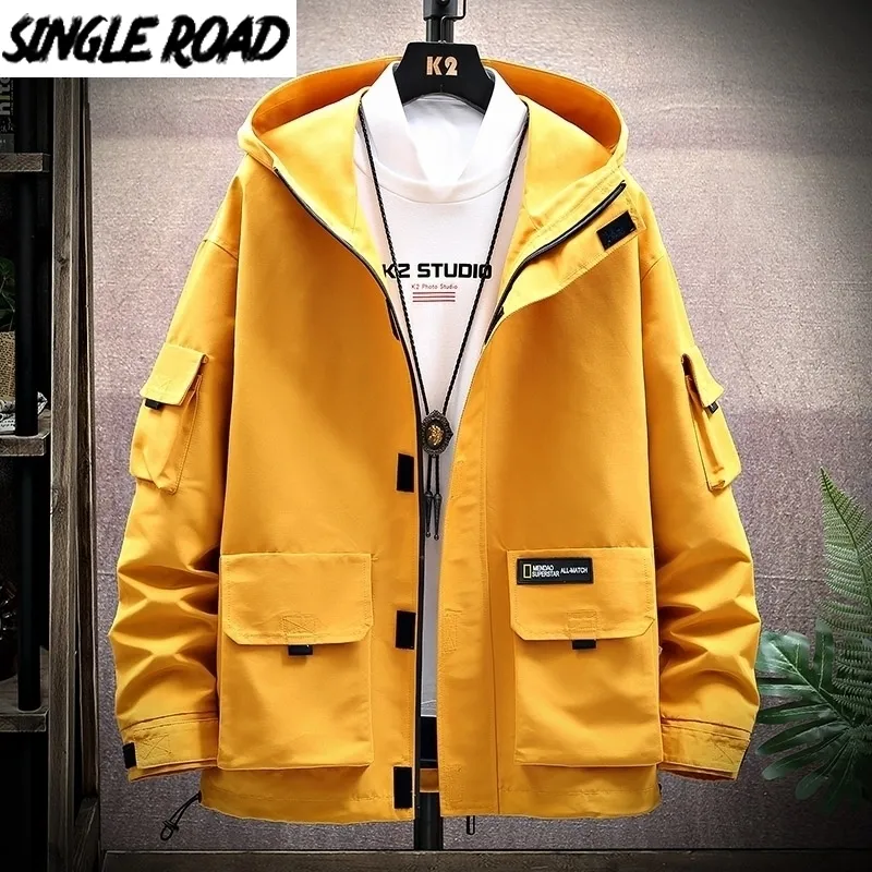 SingleRoad Chaqueta con capucha Hombres Moda coreana Hip Hop Japon s Streetwear Abrigo Hombre Casual Cargo Chaquetas amarillas Hombre Cazadora 201130