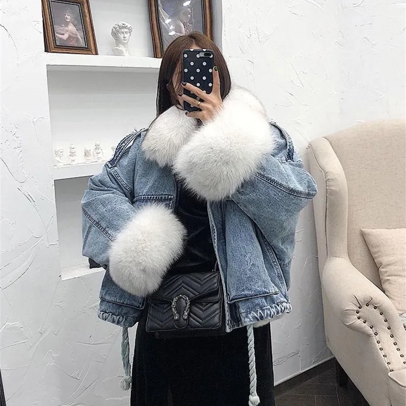 Zity Denim Parka женщин зимняя куртка Real Fox меховой воротник манжеты кролика подкладка теплых свободных верхней одежды уличная одежда съемный 201125