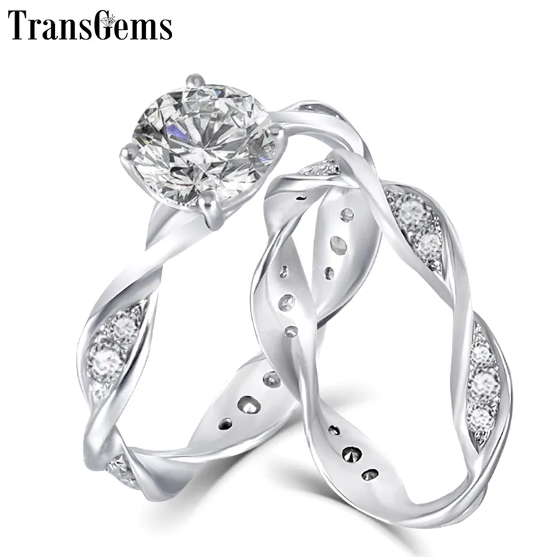 Transgems Solid 14k White Gold Engagement Bridal Set Center 1CT 6.5mm Excellent VVS F Color Ring Set for Women Gift Y200620