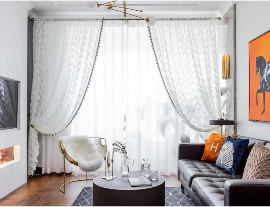 Sheer Curtains geometric wave pattern light luxury window ins shading living room bedroom simple white gauze curtain