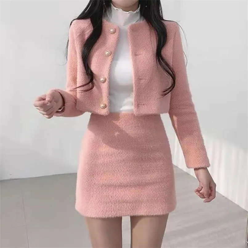 Autumn Winter Korean Fashion Sweet Women's Suits With Mini Kjol Tvådelar Set Woman Dress Casual Elegant Tweed 220221