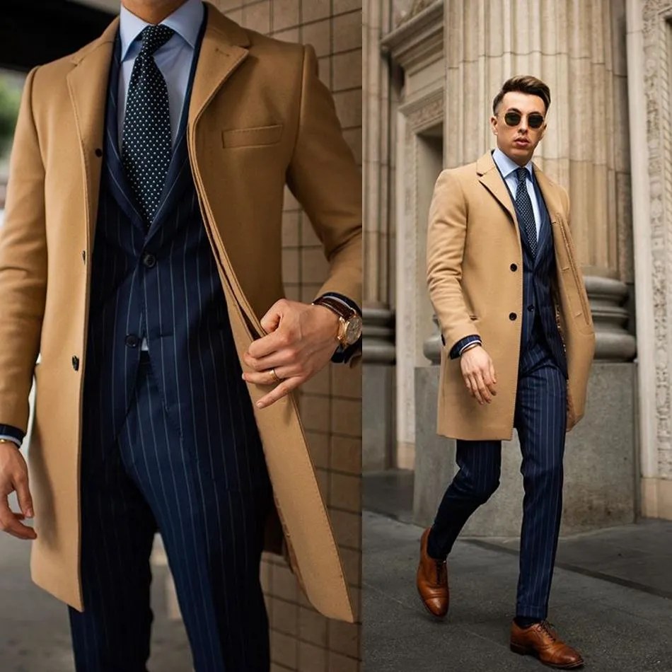 Moda Light Tan Ciepłe Męskie Long Coat Garnitury Wysokiej Jakości Mężczyźni Tuxedos Men Prom Dinner Blazer Suit Tylko jedna kurtka