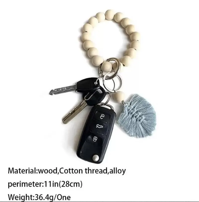 Party Wooden Bead Bracelet Keychain Pure Wood Color Car Chain Cotton Tassel Keyring with Alloy Ring Wood Beaded Decoration dd994