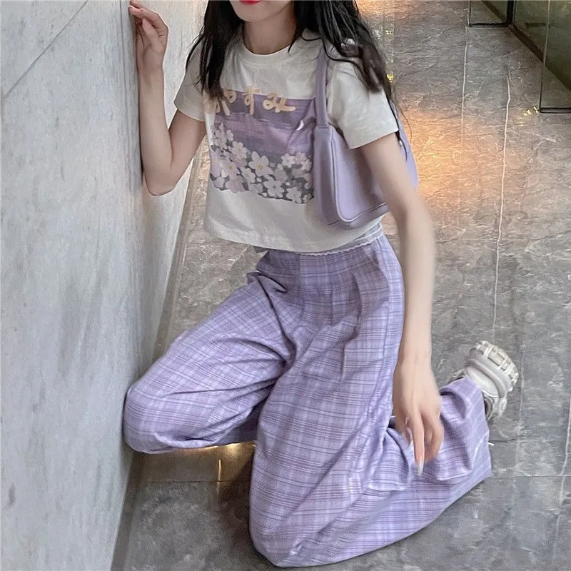 HOUZHOU Korean Fashion Purple Plaid Pants Women Kawaii Soft Girl Oversize High Waist Wide Leg Checked Trousers For FemaleCX220310