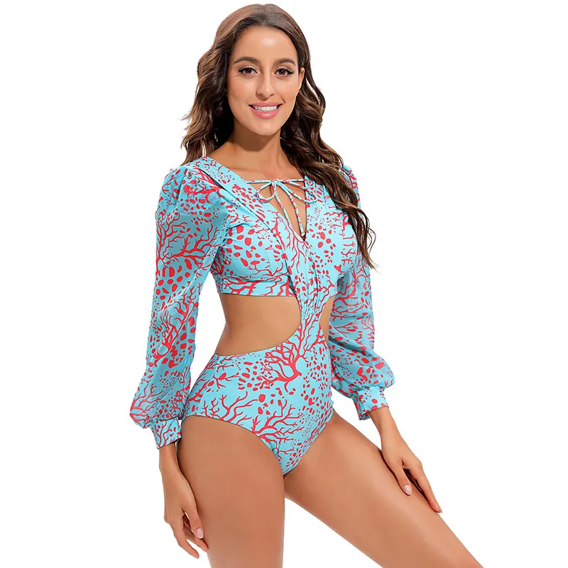 2022 Styles Womens Swimwear sexy one pieces Triangle Swimsuit beach lady Padded bra Fashion Long Sleeve Full Flower Print Bikini