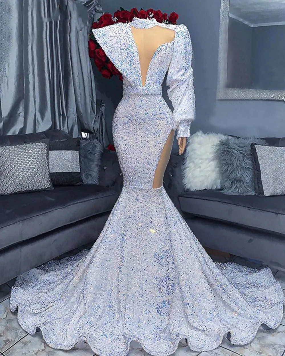 Manches longues sirène col haut robes de bal 2022 blanc paillettes scintillantes velours africain aso ebi filles noires soirée réception robes de soirée