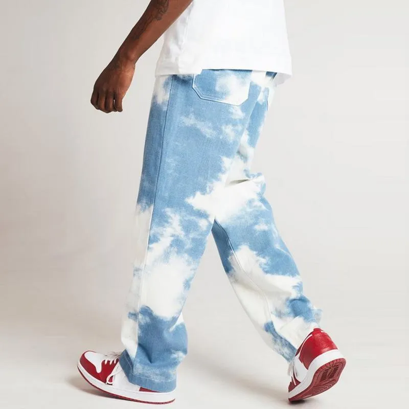 MJARTORIA Hommes Jeans Bleu Clair Casual Lâche Droite Denim Pantalon Tie Dye Imprimer Ciel Bleu Long Pantalon Droite Jeans 202012625