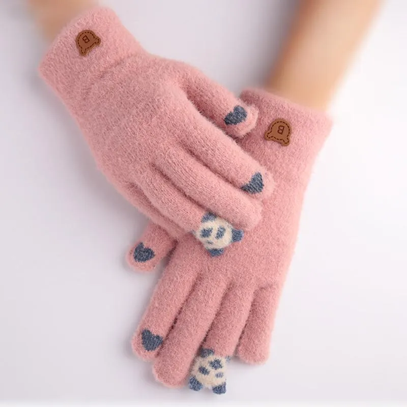 Luxury-Winter Gloves Women Finger Warm Touch Screen Mittens Cute Panda Plus Velvet Thick Korean Knitted Gloves