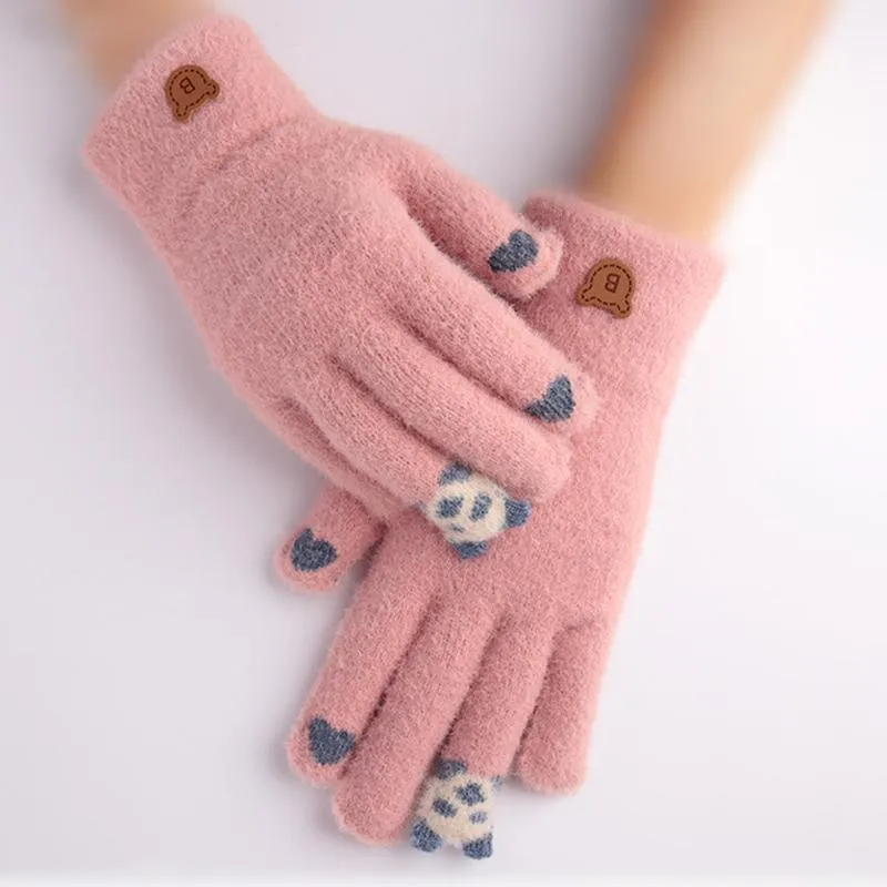 Luxus-Winterhandschuhe Frauen Finger Warm-Touch Screen-Handschuhmäppchen Nette Panda Plus Samt Dicke koreanische Strickhandschuhe