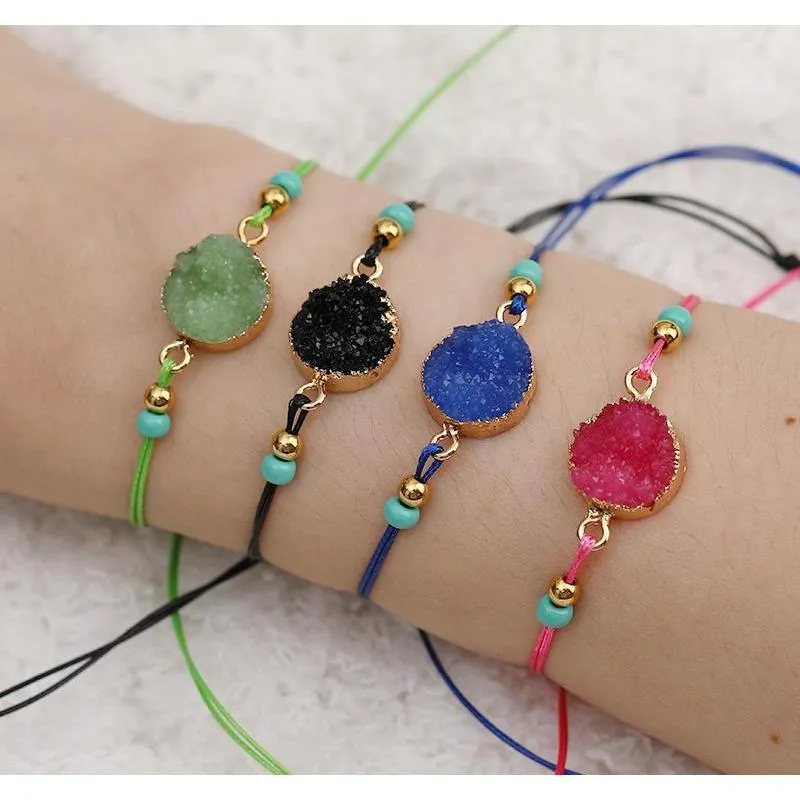 handmade druzy resin stone bracelet make a wish card wax rope braided bracelets bangles with rice bead for women girls summer beach