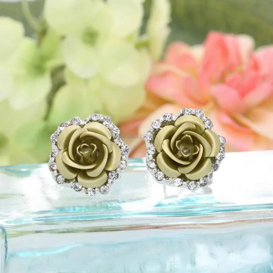 Women Crystal flower earrings charm diamond rose ear clip stud fashion jewelry gift will and sandy