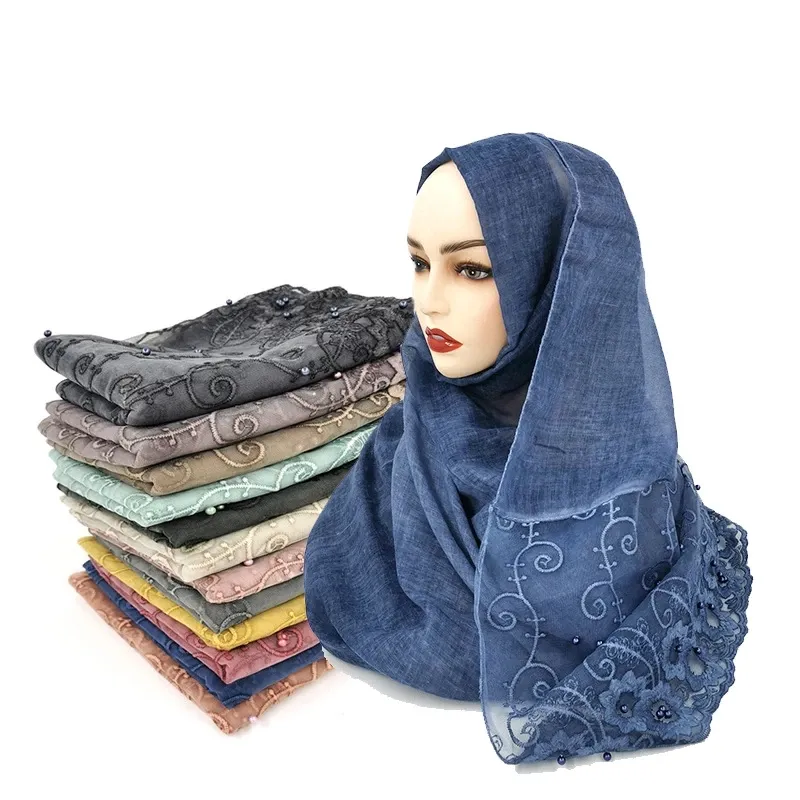 Mode dentelle dentelle foulard coloré perle wrap écharpe cheveux écharpe hijab femmes