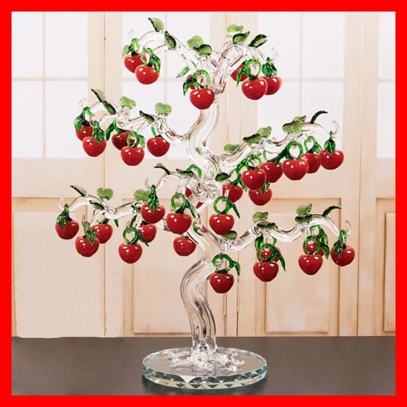 Beatiful Crystal Red Cherry Apple Tree Figurines Crafts Fengshui Ornament Home Decoration Christmas New Year Gifts Y200903