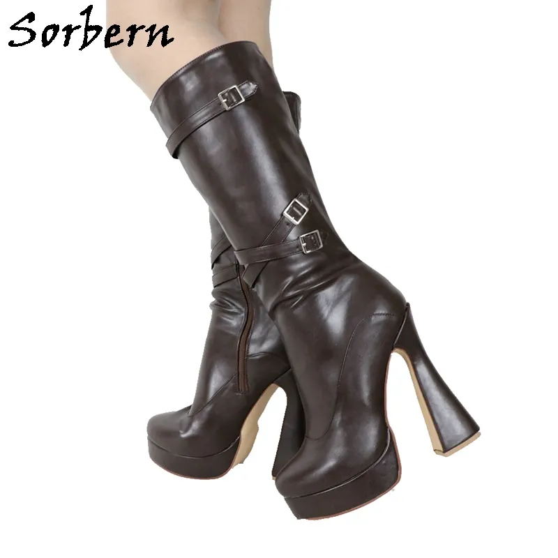 Sorbern Custom Mid Calf Boots Женщины Странные каблуки Тройные ремешки Платформа Обувь на платформу Перетащить королеву