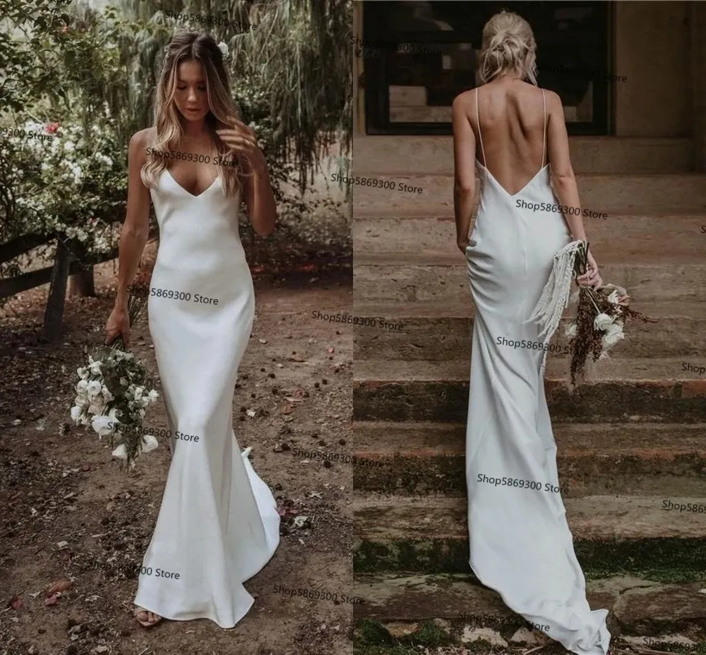 Soft Satin Mermaid Suknie Ślubne 2022 Boho Ogród Spaghetti Paski Proste Sexy Open Back Country Beach Bridal Sukienka Rustykalna