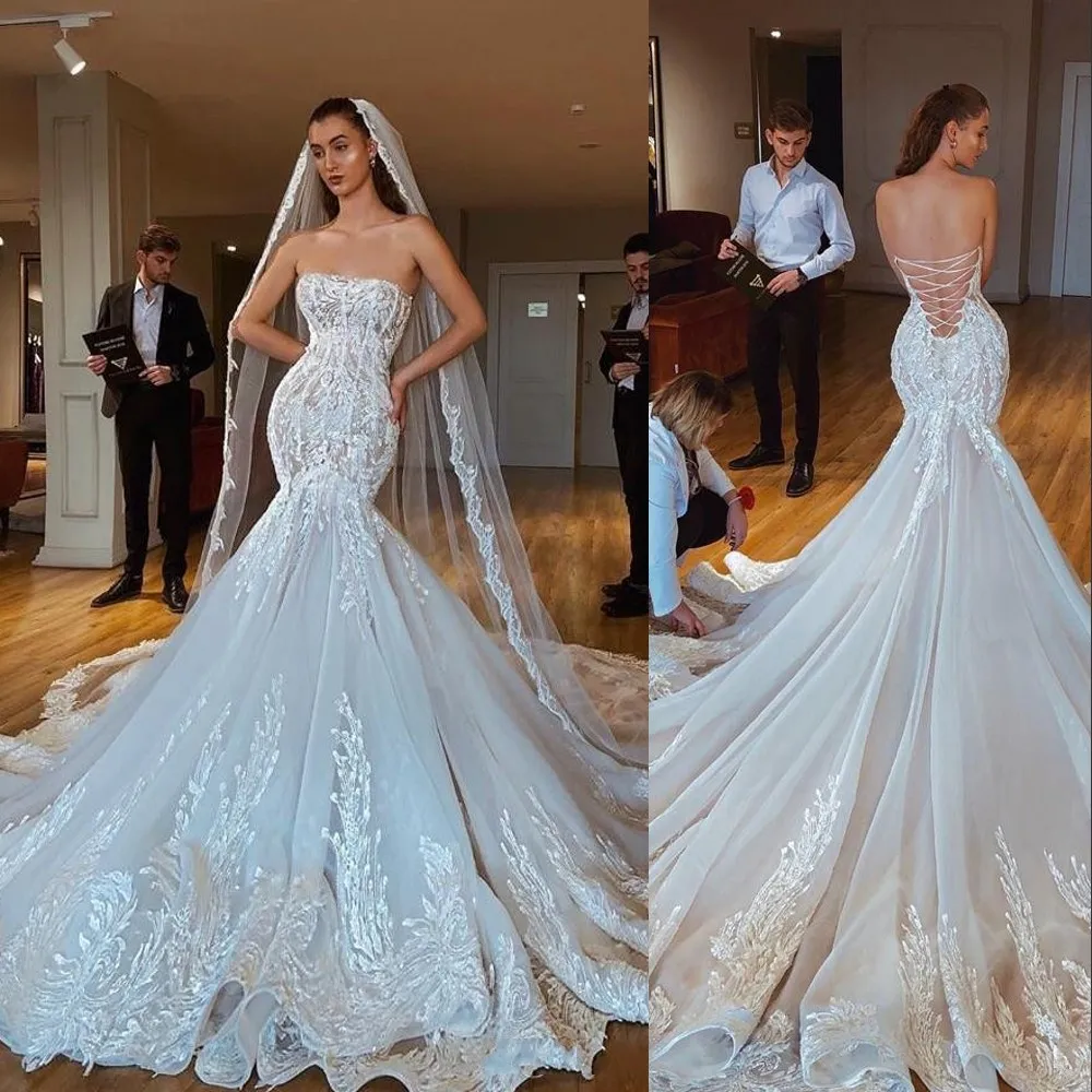2021 New Sexy Mermaid Strapless Wedding Dresses Backless Illusion Corset Lace Up Sleeveless Bridal Gowns With Chapel Train Vestido de noiva