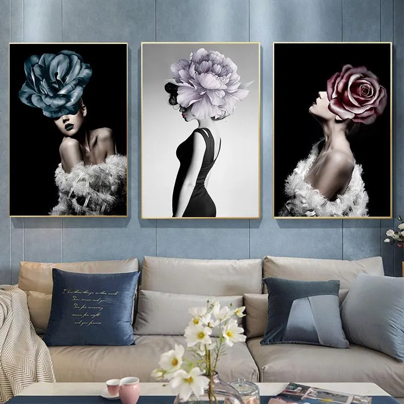 Paintings Nordic Nude Naked Women Feather Figure Canvas Painting Sexy Girls Flower Abstract Poster Wall Art Pictures For Living Room Decor